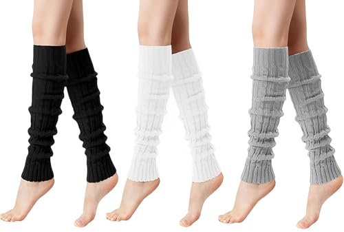 MOAZIFI 3 Paare Stulpen Damen, Leg Warmers, Stulpen Für Damen, Beinstulpen Damen, Beinwärmer, Legwarmers, Für Winterwärmer, Warme Beinstulpen Strick, Beinwärmer Damen(Schwarz, Weiß, Grau)