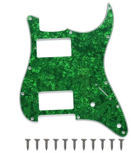 Strat Pickguard HH (2 Humbucker) Pick Guard 11 Hole ST/Strat Style Pickguard for USA/Mexico Stratocaster/Strat Modern Style Guitar Parts, 3-lagig with Screws (Green Pearl)