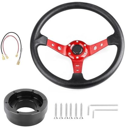 Volant voiture Pour Logitech G29 G920 G923 350 Mm 14 Pouces Auto Sport Drifting Volants Avec Plaque D'adaptation 70 Mm PCD(ROUGE avec du noir)