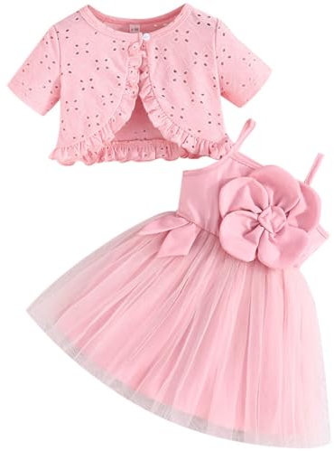 Robe tutu 2 pièces pour bébé fille, cardigan en tulle, robe d'été pour filles, robe de princesse pour baptême, fête, ensemble d'été pour bébé, rose, 12-18 mois