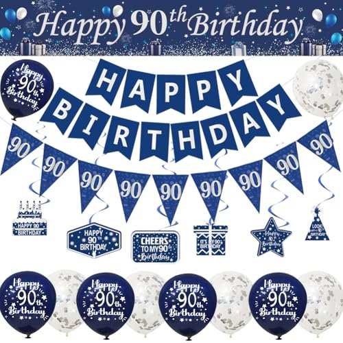 Yontree 90th Happy Birthday Decorations Blue Silver, 9ft Banner, Hanging Swirls, Birthday Bunting, Triangular Flags, Confetti Latex Balloons, Blue Balloons