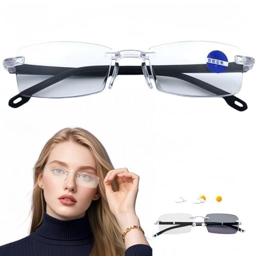 Intelligent Zoom Anti Blue Light Presbyopia Glasses,Photochromic Progressive Multifocus Transition Reading Glasses,Rimless Reading Glasses,Blue Light Glasses,Anti Glare Glasses,Varifocal Glasses Mens
