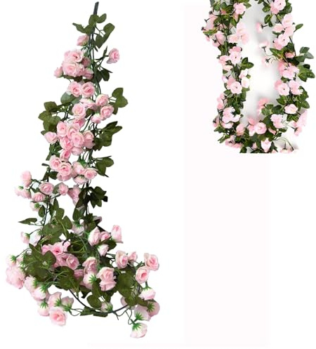 KEAIDUO 2 Pack 6.07FT (185cm) Artificial Flowers Garland Rose Vine Hanging Flowers for Decorations, Faux Rose Flowers with Realistic Design for Home Garden, Wedding Party Pink