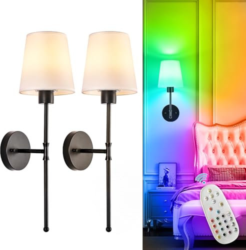 Depuley Battery Operated Wall Sconce: Black Set of 2 Wireless Wall Lights for Bedroom - Rechargeable 15 Colors Wall Lamp for Living Room