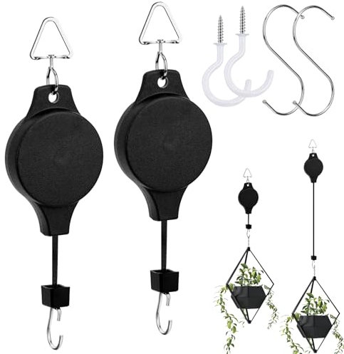 Yotako 2 Pack Hanging Basket Pulley, Heavy Duty Adjustable Plant Pulley System Retractable Plant Pulley Hook with 2Pcs White Ceiling Hooks and S-Hook for Hanging Plant Baskets Watering