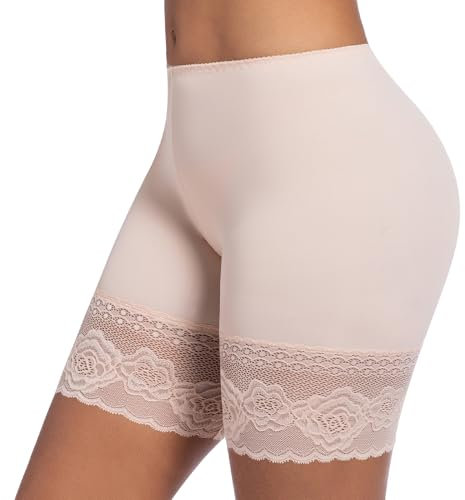 ONEW Unterhosen Damen Unter Rock Kurze Hose Anti Scheuer Radlerhose für Kleid Anti Chafing Spitzen Slip Shorts Atmungsaktive Panty Unterwäsche Beige M
