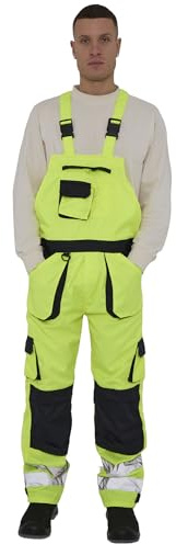 LABEL APPAREL Men's Hi Vis Bib & Brace Workwear Dungarees Adjustable Straps Work Dungarees For Men, Yellow/Navy Colour, Size- XL