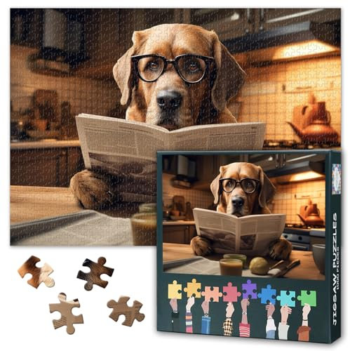 Labrador Dog Reading Newspaper Jigsaw Puzzles 1000 Pieces for Adults Decompression Puzzle Games Home Decor Dog Puzzles for Adults Birthday Party Gifts for Puzzle Lovers 27.5X19.7
