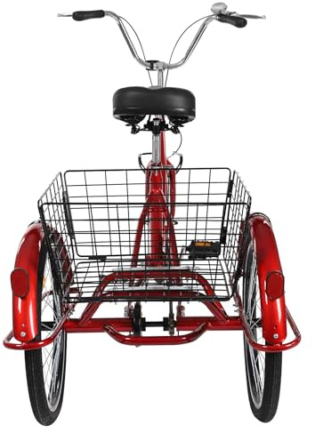 ATIVLB 20 Zoll Carbon Steel Dreirad für Erwachsene Ältere 3-Rad-Fahrräder mit Körben Senioren,Tragfähigkeit 120kg, Erholung, Einkaufen, Picknicks, Reisen,Rot