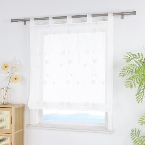 ESLIR Raffrollo mit Schlaufen Leinen Raffgardine Bestickt Transparent Gardinen Wohnzimmer Schlaufenrollo Modern für Fenster ohne Bohren Sand BxH 140x140 cm 1 Stück