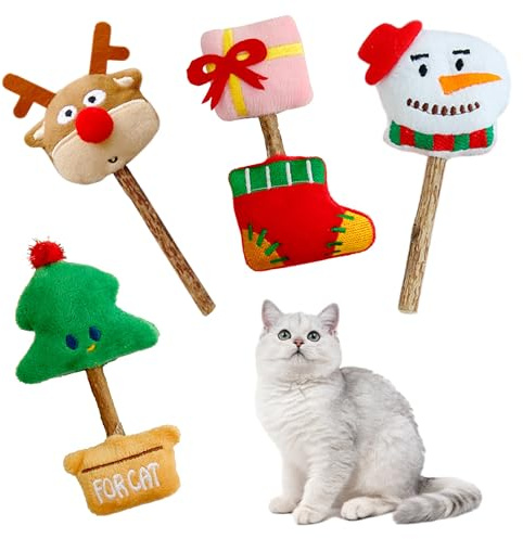 QIANAI Quattro Giocattoli Natalizi con ErbaGatta, Giochi per Gatti in Casa, GiocattoloMasticare con Erba Gatta Naturale, GiocattoloInterattivo per Gatti, Bastoncini di ErbaGatta Naturale