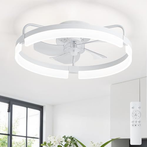 POWROL Lampara Ventilador Techo 20 ’’ Empotrado Motor CC Ventilador de Techo Silencioso 6 Velocidades Reversible Ventiladores de Techo Regulable LED 3 Colores para Dormitorio Cocina Salón (Blanco)