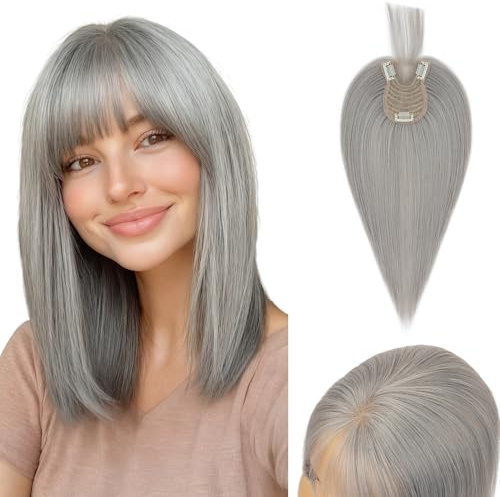 S-noilite Haar Toppers für Frauen mit dünnem Haar - Toupets mit Pony 40g Oberkopf Flauschiger Glatter Hair Topper 35cm - # Grau