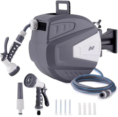 NETTA Hose Reel 20m – Wall Mounted Garden Hose Reel with Auto Rewind & 180° Swivel - Retractable Garden Hose Pipe with 9-Function Spray Gun - Heavy Duty Hose Pipe & 3/4 BSP Fittings