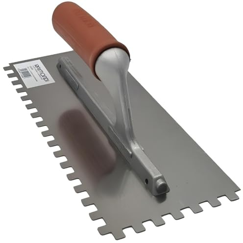 RAIMONDI Spatola Dentata Professionale in Acciaio Inox, 28x12 cm, Impugnatura Ergonomica in Gomma, 3 Dentature Disponibili (Dente 10x10 mm)