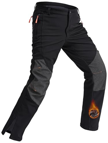 Rapoo Snow Ski Pants Men Winter Cold Weather Wear Hiking Work Cargo Fleece Lined Thermal Warm Waterproof Softshell Snowboard Outdoor Insulated Pants Zipper Bottom Leg Black 42Wx30L