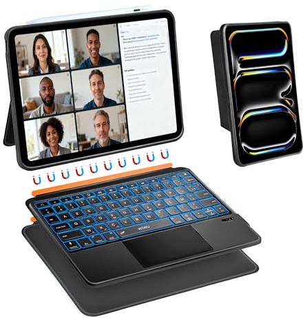 WIWU Coque Clavier iPad Pro 11 Pouces M4/M5 2024/2025,Étui Magnétique 3 en 1 Détachable Clavier Bluetooth avec Support Réglable 7 Couleurs Rétroéclairées (Noir, iPad Pro 11 M4/M5 2024/2025)