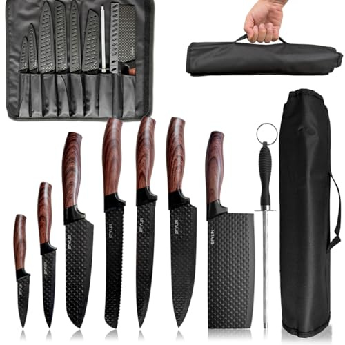 COOSNUG 8-teilig, Küchenmesser mit Tasche, Messer Set Spezialklingenstahl antihaftbeschichtet, scharf, Kochmesser, Gemüsemesser, schwarz