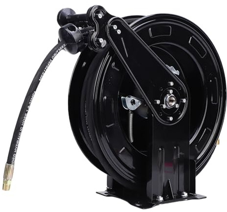 Luocute 2-armiger Schlauchaufroller für Hochdruckreiniger, 3/8 Zoll X 49,21 Fuß, Robuster Stahl, Einziehbar, mit Automatischem Rücklauf, mit 49,21 Fuß Schlauch, 4,9 Draht, 4000 PSI,