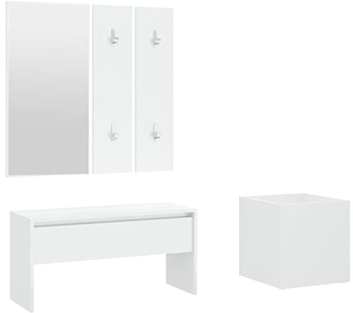 FWIKDUN White Hallway Furniture Set with Bench, Drawer, Mirror, Coat Rack and Planter - Engineered Wood Storage Hallway Bench with Drawer and Mirror, White Hall Furniture Set with Planter