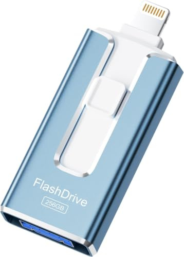 SUDEHO Pendrive Certificado MFi 256GB para iPhone, 4 en 1 USB 3.0, Azul | Pendrive 4 en 1: Iightning, USB-A, USB-C y Micro USB. USB 3.0 de Alta Velocidad, Guarda Fotos, Vídeos y Archivos con Cifrado