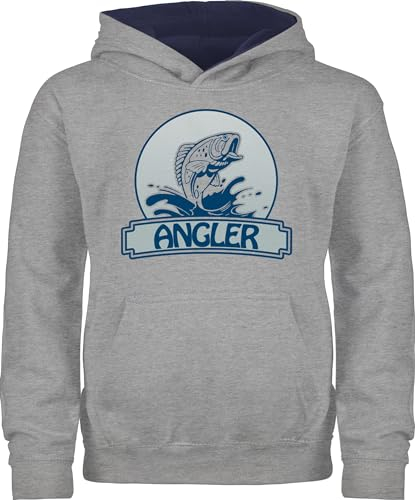 Pullover Kinder Hoodie Jungen Mädchen - Angeln - Angler Button - 152 (12/13 Jahre) - Grau meliert/Navy Blau - geschenk für fischer geschenke fischen fisch kinderpulli angelbekleidung junge angel