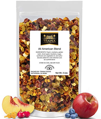 Traina Home Grown All American Dried Fruit Blend - Peaches, Sweetened Cranberries, Golden Raisins, Sweetened Blueberries, Apples - Non GMO, Gluten Free, Vegan, Healthy Real Fruit Snack in Resealable Pouch (2 lbs)