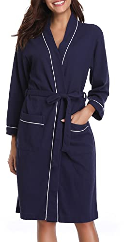 Vlazom Waffle Dressing Gowns Unisex Kimono Robe Cotton Lightweight Bathrobe for All Seasons Spa Hotel Sleepwear, Navy-style a, M