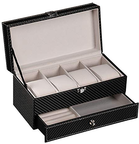 Naturer Carbon Uhrenbox Herren 4 Uhren Schwarz Uhrenkasten mit Schublade Schmuckkasten Schmuck Vitrine mit Schlüssel Abschließbar