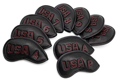 barudan golf Patriotic Black USA Golf Club Covers Set Iron Head Covers Protector Golf Acccessories for Men fits Callaway Titleist Taylormade Lob Wedge Wedges Synthetic Leather Well Made (Black-red)