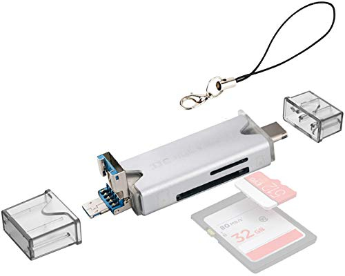 JJC Lecteur de Cartes USB 3.0 en métal avec Ports USB 3.0, Micro USB 2.0 et USB 3.0 de Type C pour SD, Micro SD, SDXC, SDHC pour téléphones ou tablettes compatibles Micro OTG/USB-C OTG (Argent)