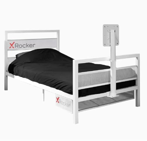 X-Rocker Basecamp TV Gaming Bett mit TV Halterung, Stauraum und Kabelmanagement, 91cm Einzelbett mit niedrigem Schlafplatz Metall ideal für Kinderzimmer, unterstützt Fernseher bis zu 40 Zoll – Weiß
