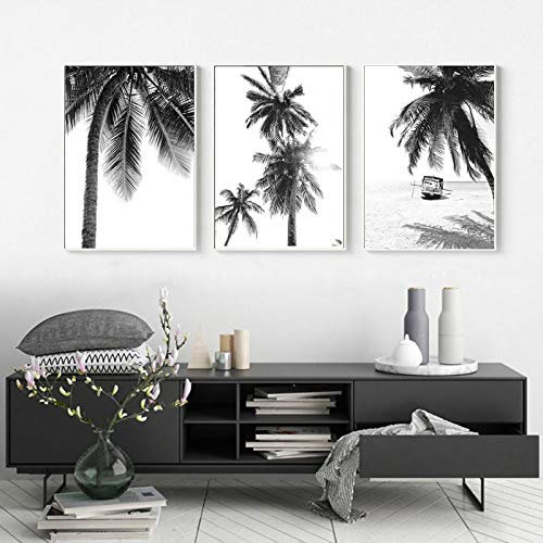 Rumlly Schwarz-Weiß-Palmen-Plakate Strand-Leinwand-Malerei und druckt tropische Pflanzen Bilder für Wohnzimmer-Hauptdekoration 40x60cmx3 rahmenlos