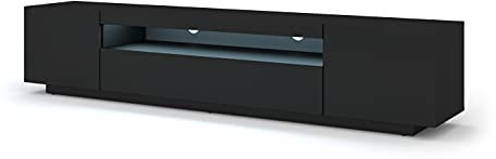BIM Furniture Aura Meuble TV bas universel 200 cm à suspendre ou à poser sous meuble TV - Buffet hi-fi - Noir avec éclairage LED bleu