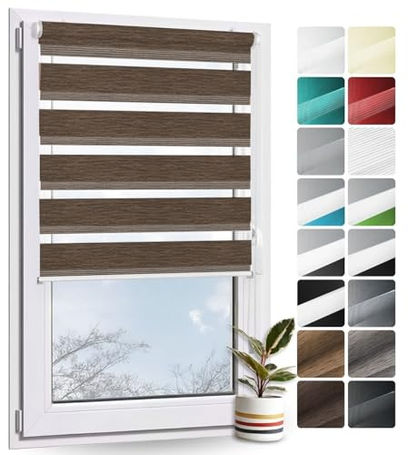 Rollmayer Doppelrollo Klemmfix ohne Bohren Holzlook Braun B80 x H150cm | Klemmrollo Fensterrollo Duo Rollo Sonnenschutzrollo Zebrarollo Seitenzugrollo für Fenster und Tür