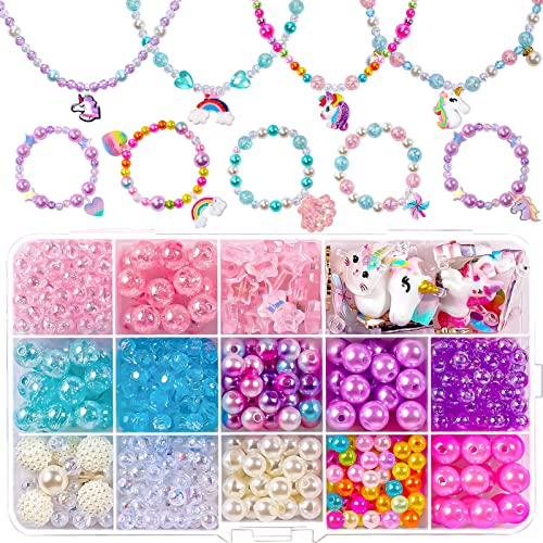 vamei Perlen zum Auffädeln Kinder Armbänder Selber Machen DIY Schmuck Ketten Bastelset mit Einhorn Meerjungfrau Schmetterling Anhänger Bunte Herz Perlen Kunsthandwerks Set für Mädchen Geschenke (B)