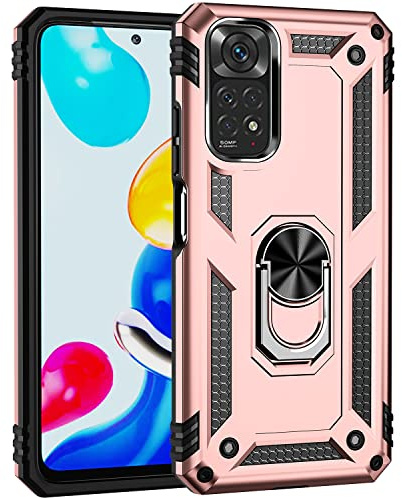 BestST Handyhülle für Xiaomi Redmi Note 11/Redmi Note 11S 159.9 + Displayschutz,Hybrid Schutzhülle Militär Standard Stoßfest Hülle 360 Grad Drehbar Ringhalter Handytasche Cover Case,Rosegold