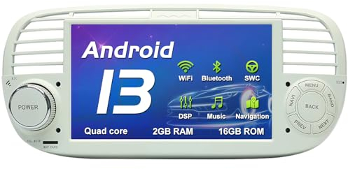 AneQu Android 13 Autoradio Navigazione GPS per Auto per Fiat 500 2007-2016 Display Touch da 7 Pollici Lettore multimediale per Auto unità Principale con Display IPS Carplay Integrato Bianco