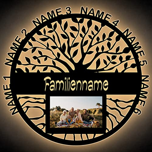 Familienbaum Lebensbaum mit Namen und BIlderrahmen Baum Lasergravur Geschenke Wohnzimmer Schlafzimmer Familie Deko LED Schlummerlicht Nachtlicht, in 7 MDF Holzfarben & 7 LED-Farben 41x39cm
