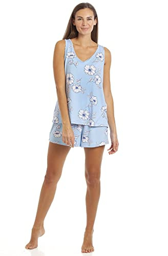 Camille Womens Stunning Floral Print Sleeveless Pyjama Set - Ladies Lightweight Short Pyjama - Comfortable & Breathable Summer Nightwear Blue 14-16