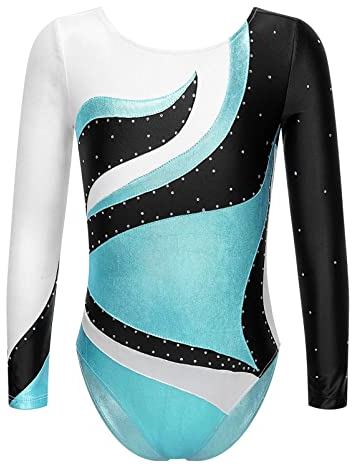Alvivi Kinder Mädchen Turnanzug Glänzend Ballettanzug mit Strass Langarm Gymnastikanzug Ballett Trikot Leotard Wettkampf Tanzbody H Blau 134-140