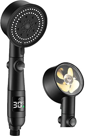 Wassersparender Duschkopf, Btstil Hochdruck Handbrause Duschkopf mit Temperaturanzeige & Wasserstop, 5 Modi Sparduschkopf Schwarz Turbo Hochdruck Duschkopf für Badezimmer (Schwarz)
