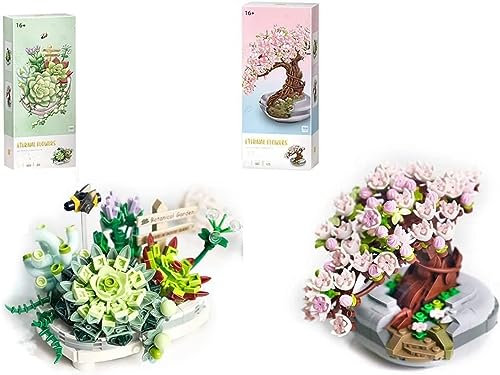 Pasyru Bonsai Bausteine Bausatz, Kirschbaum und Sukkulenten Topfpflanzen Bausteine, 815 Teile Mini Bausatz, Kreatives DIY Botanik Kollektion Deko Geschenk
