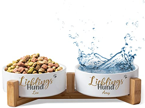 Hundenapf Keramik personalisiert mit Namen „Lieblings-Hund“ | Napf-Set mit/ohne Ständer | Doppelnapf Futternapf Fressnapf Trinknapf | große kleine mittelgroße Hunde Futterstation (2X 500ml, Gestell)