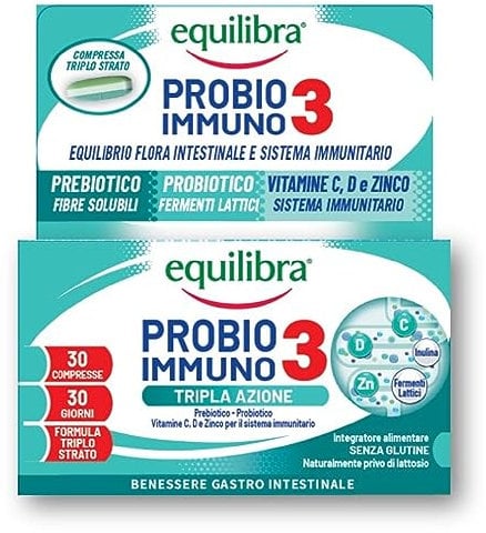 Equilibra Integratori Alimentari, Probio 3 Immuno, Fermenti Lattici Probiotici e Prebiotici per Flora Intestinale con Vitamine C, D e Zinco, 30 Compresse Triplo Strato Rilascio Graduale con Pre-Taglio