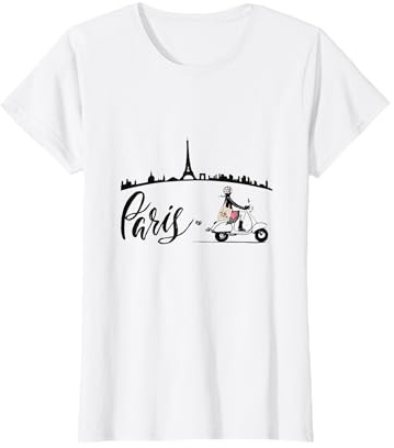 Paris skyline. Girl riding motor scooter. Romantic design Maglietta