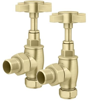 Brushed Gold Angled Crosshead Radiator Valves Modern Radiator Valves 15mm x 1/2 Set of 2