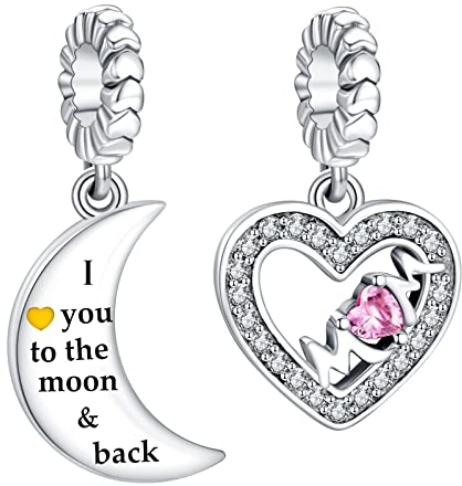 LaMenars I love You to the Moon and Back Moon & Mom Heart Charms für 925 Sterling Silber für Frauen Armbänder & Halsketten Dangle Anhänger für Weihnachten Muttertag Valentinstag Geschenke für Mädchen