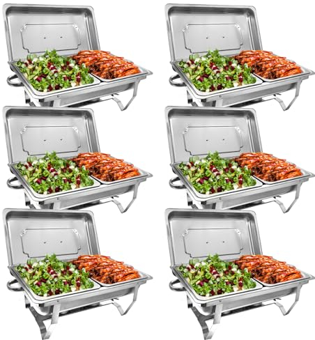 Jacgood Chafing Dish Buffet Set, 6 Pack 8QT Buffet Servers and Warmers, Chafing Servers with Covers, Half Size Food Pan, Chafer, Folding Stand, Food Warmer for Parties