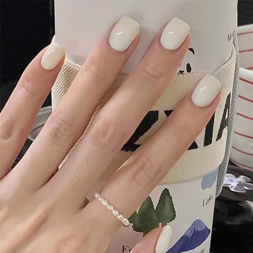 Short Square False Nails, 24Pcs Pure Solid Colour White Press On Tips, Daily Glossy With Glue, Thicken Stick On for Women (Creamy White)